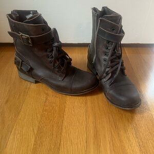 Brown Lace-Up combat Boots with Buckles